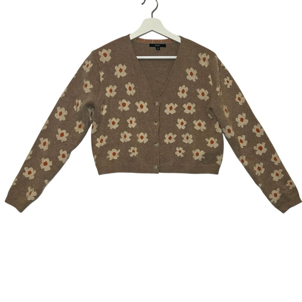 Papaya Women’s Cardigan  V Neck Buttons Crop Sweater Beige Medium Size Flowers - Picture 4 of 11
